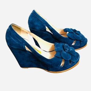 Manas Lea Foscati Blue Suede Floral Wedge Heels Made in Italy Size 6